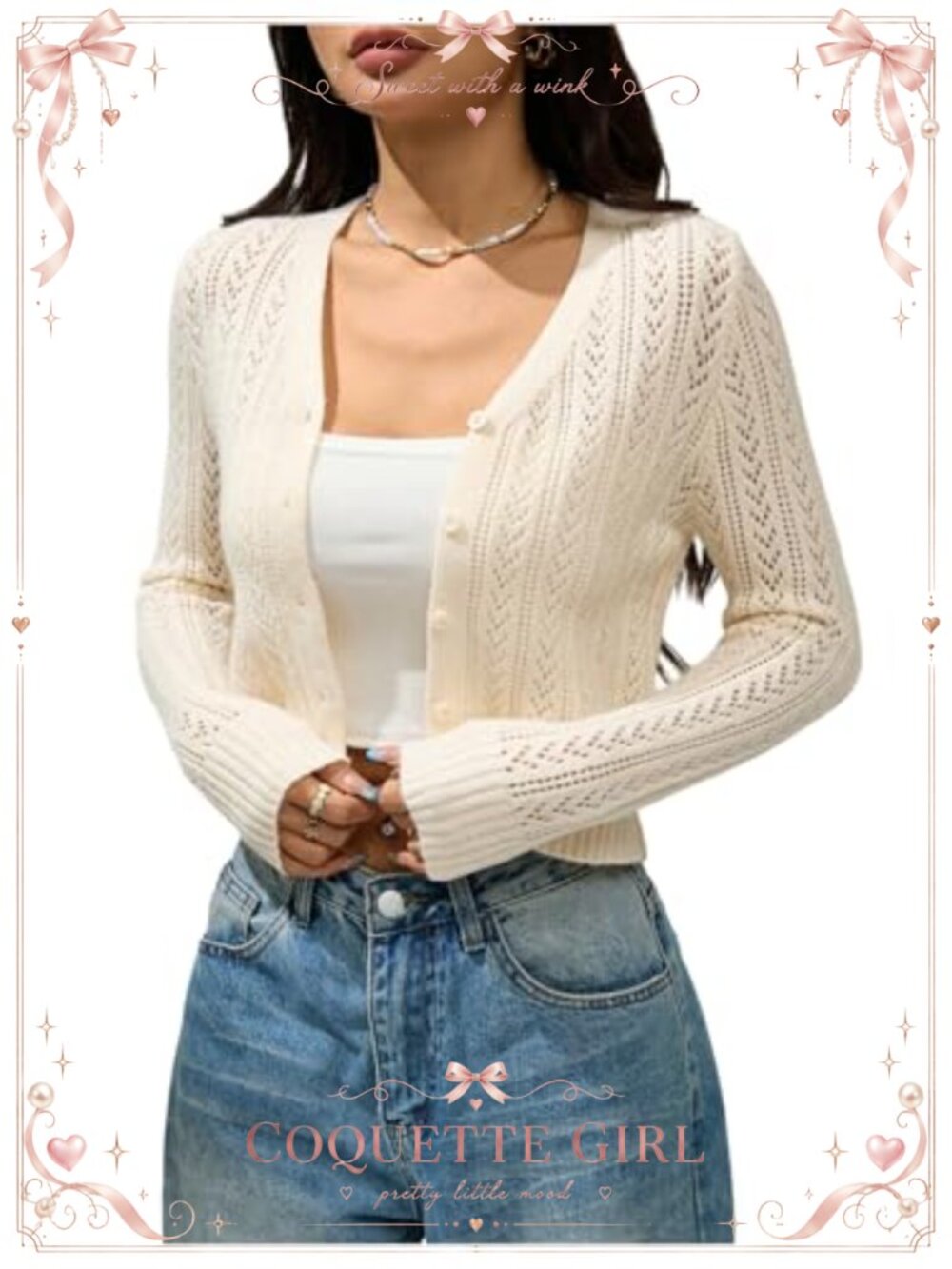 Crochet Knit Crop Cardigan Button Down Long Sleeve V Neck Shrug